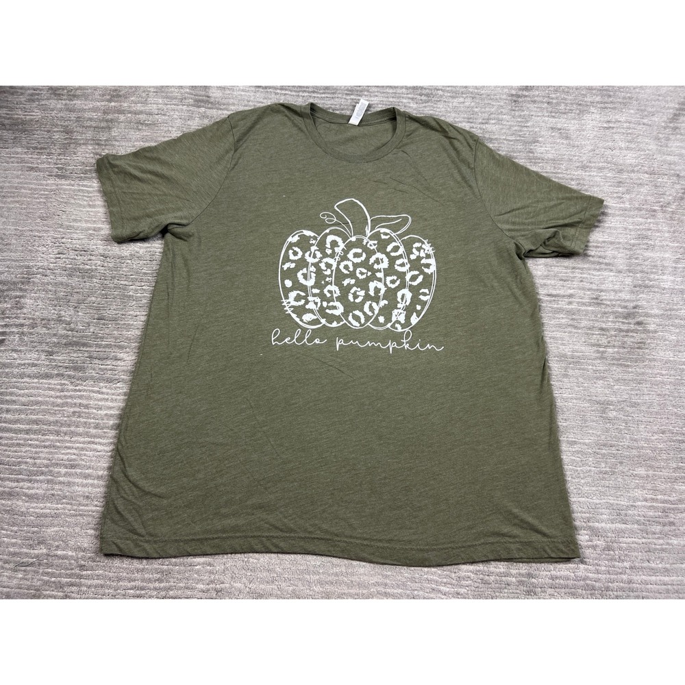 Bella + Canvas T-Shirt Women 2XL Olive Hello Pumpkin Leopard Print Graphic Tee